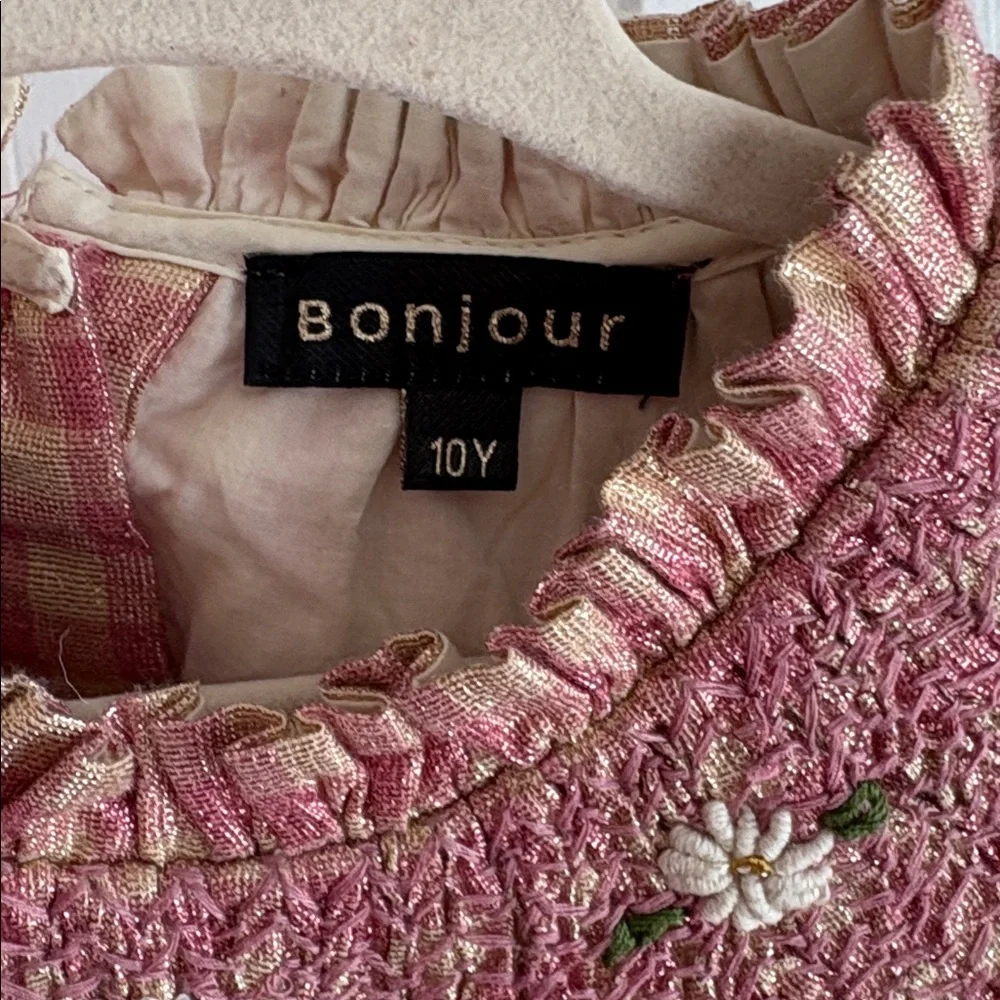 Bonjour Diary Girls Lurex Gingham Ruffle Floral Embroidered Smocked Collar Dress - Picture 3 of 7